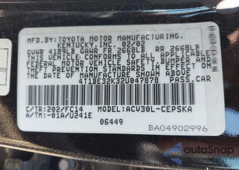 2002 Toyota Camry Se from USA, damaged, VIN 4T1BE32K32U047878